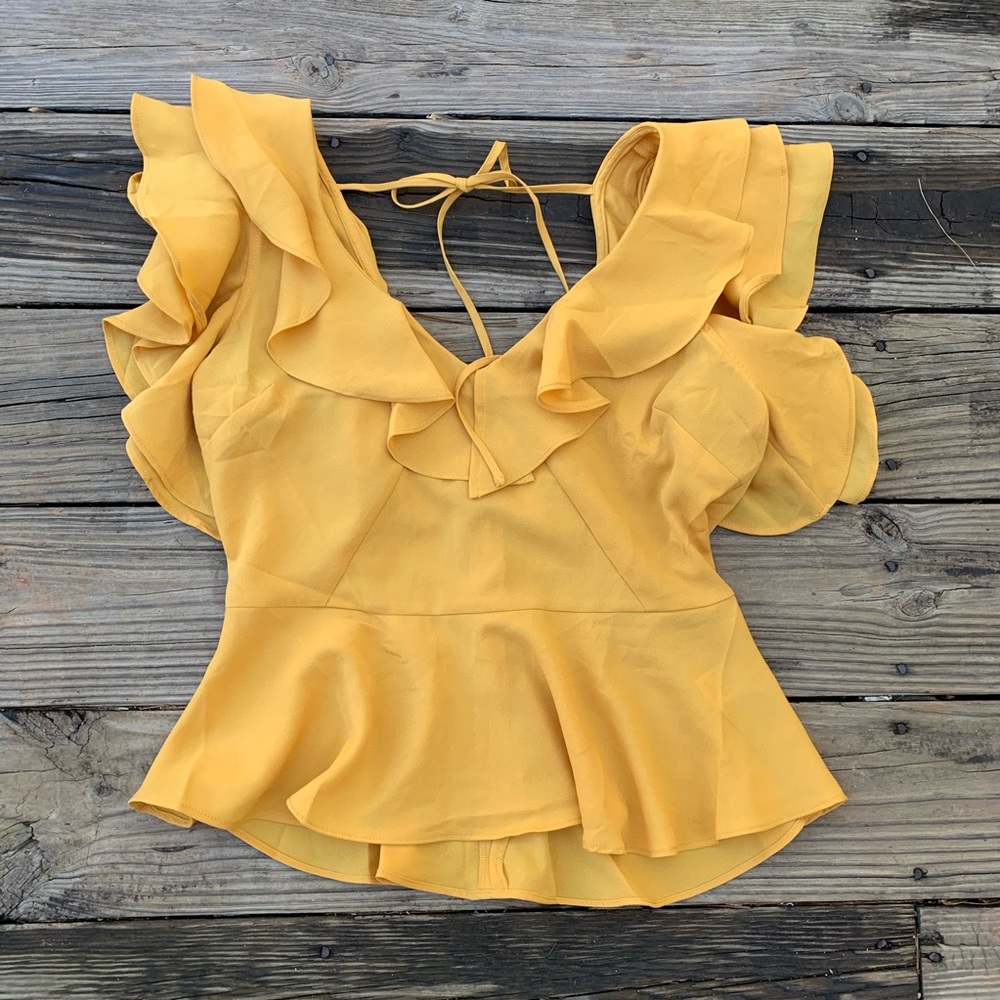 Lulumari | Mustard Peplum Blouse Chiffon Ruffles M